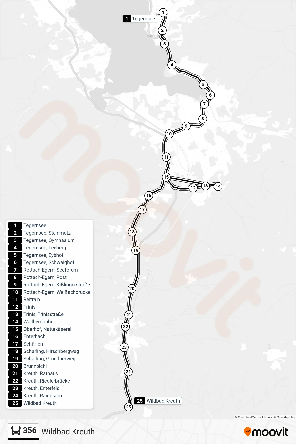 356 bus Line (Wildbad Kreuth) route and stops on a map