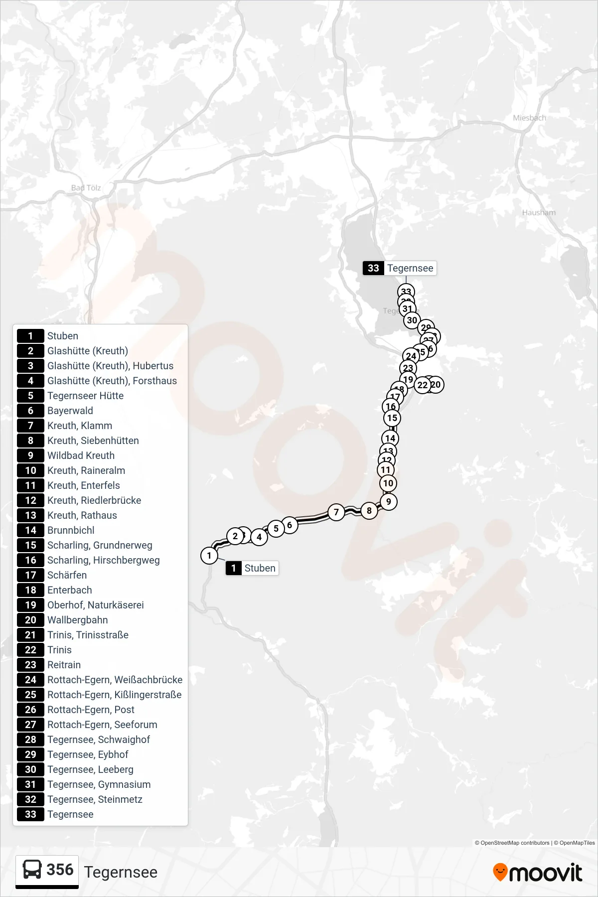 356 bus Line (Tegernsee) route and stops on a map