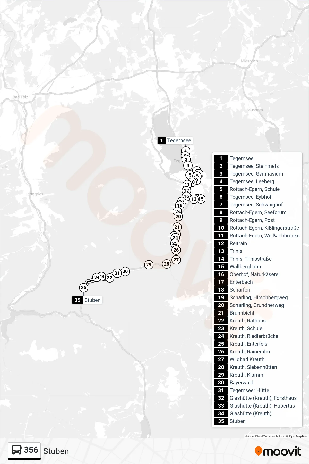 356 bus Line (Stuben) route and stops on a map