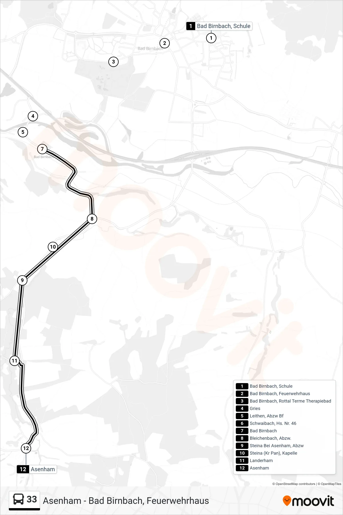 33 bus Line (Asenham) route and stops on a map