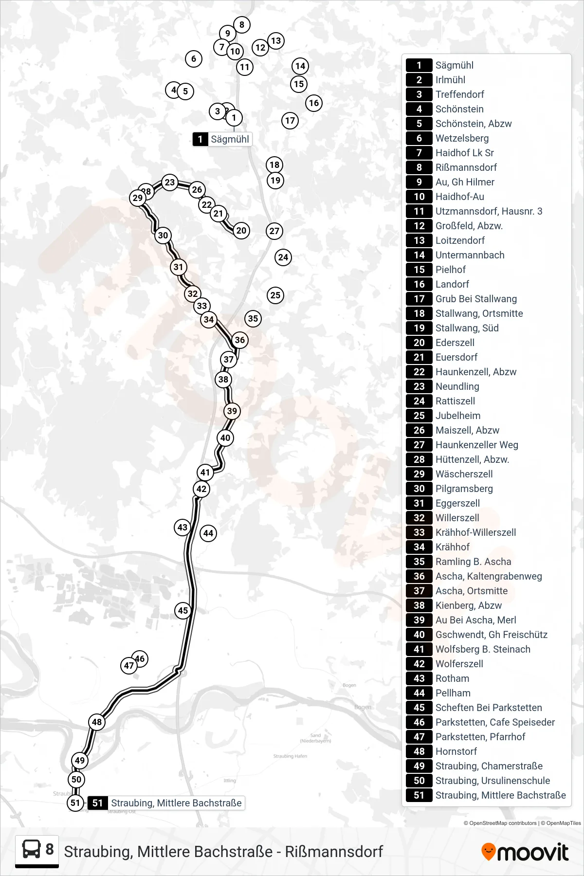 8 bus Line (Straubing) route and stops on a map