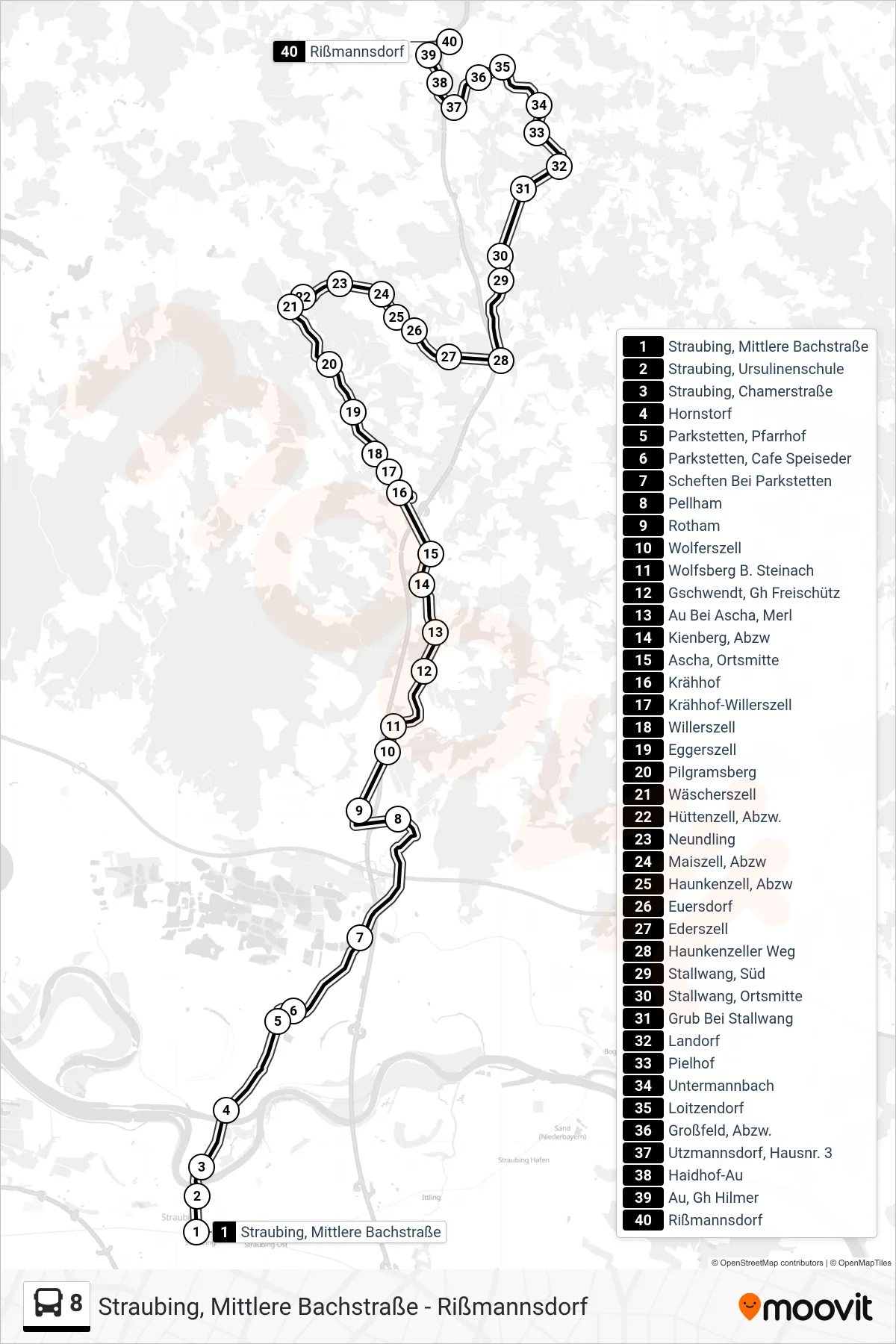 8 bus Line (Rißmannsdorf) route and stops on a map