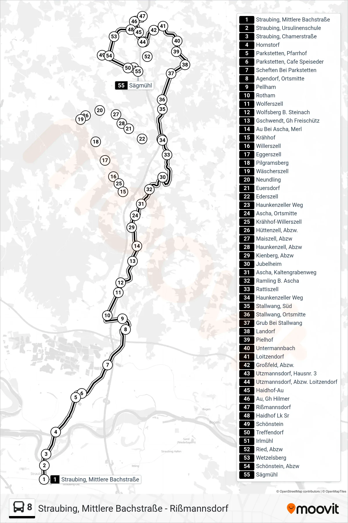 Linie 8 (Bus) Richtung Sägmühl: Route und Haltestellen auf der Karte