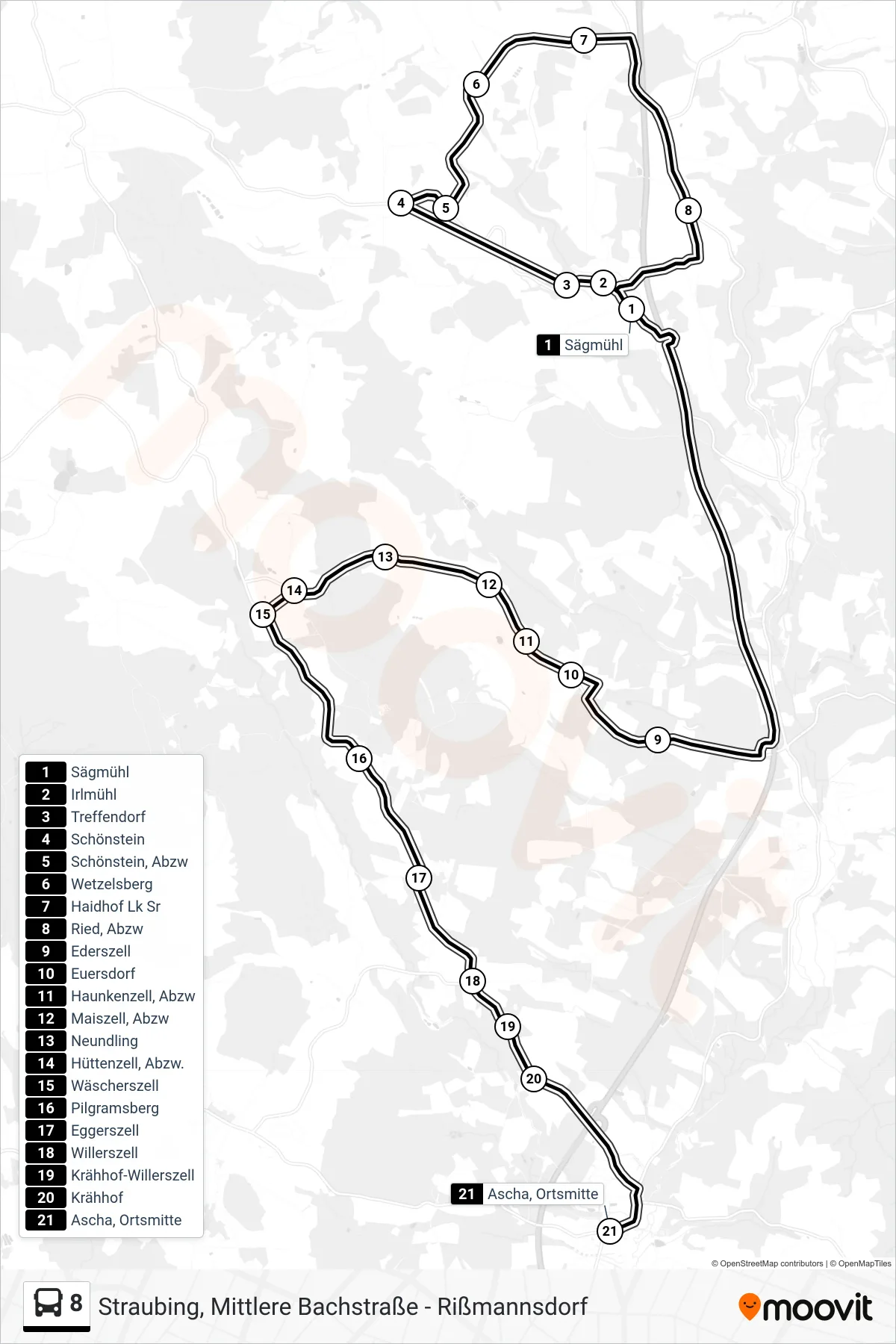 8 bus Line (Ascha) route and stops on a map
