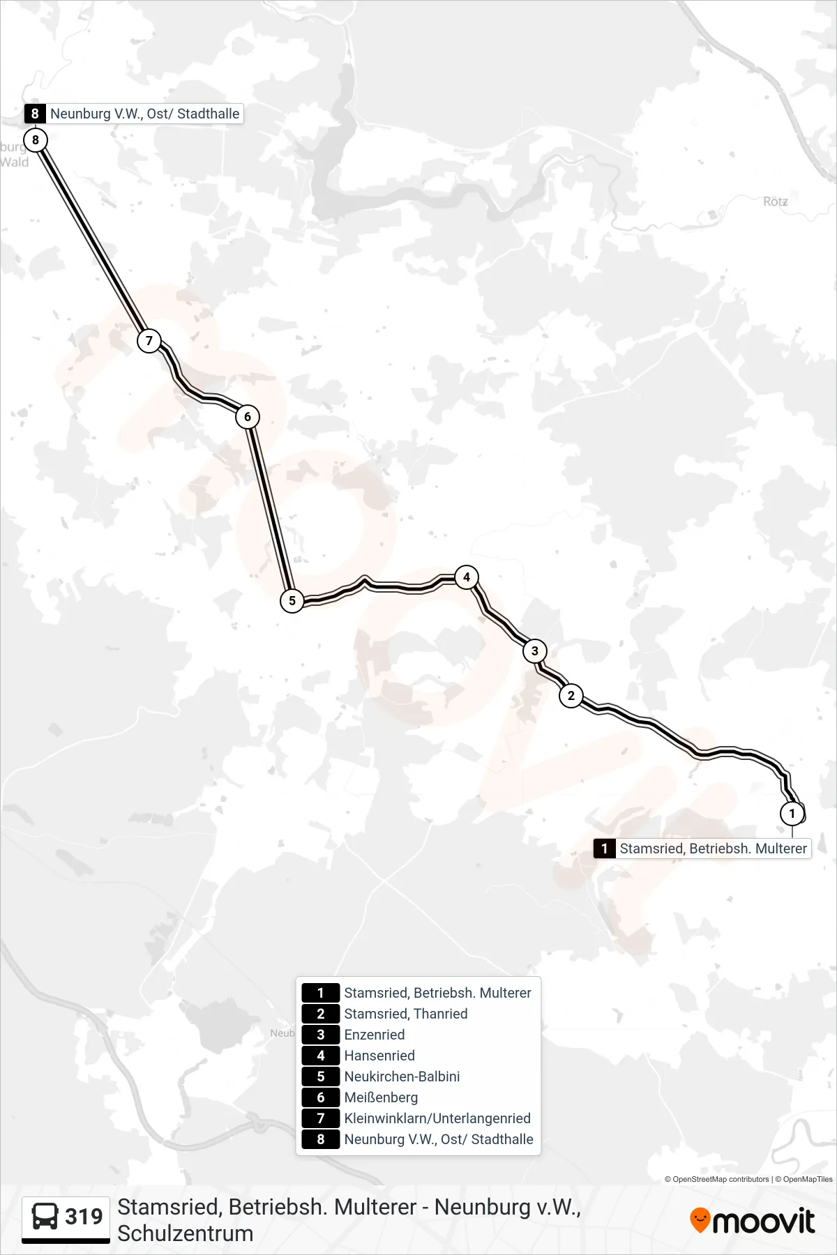 319 bus Line (Neunburg V. Wald Ost) route and stops on a map