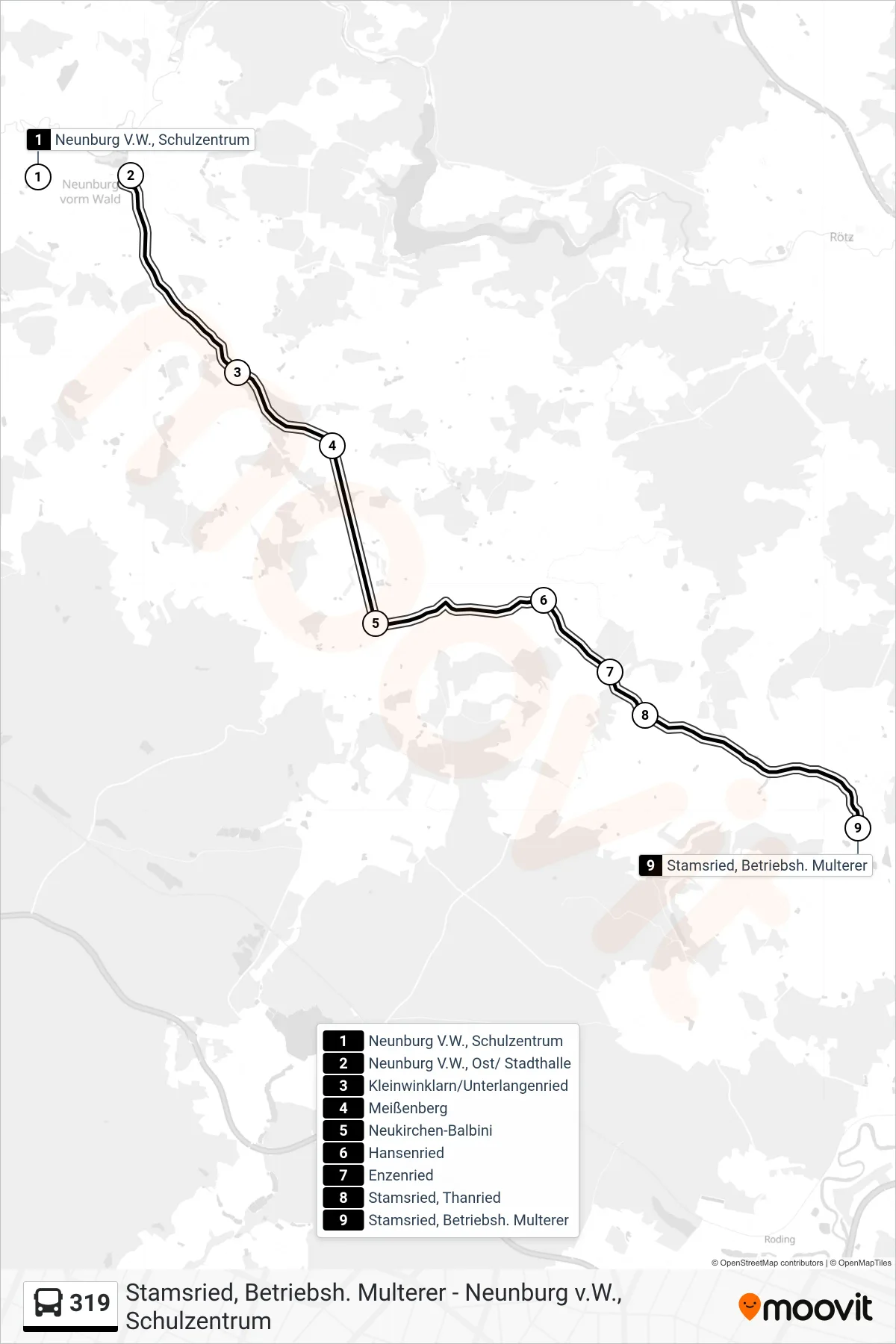 Linie 319 (Bus) Richtung Stamsried; Betriebshof Multerer: Route und Haltestellen auf der Karte