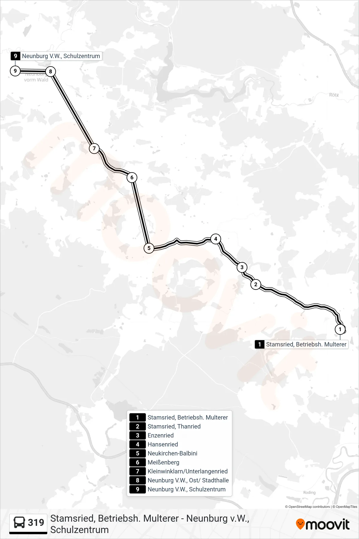 Linie 319 (Bus) Richtung Neunburg V. Wald; Schulzentrum: Route und Haltestellen auf der Karte