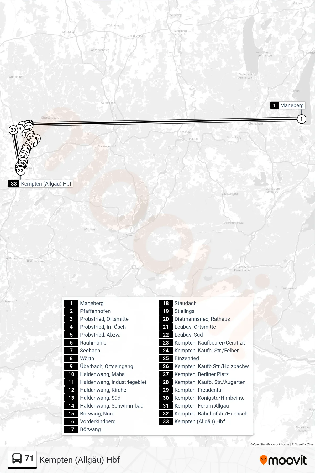 71 bus Line (Kempten (Allgäu) Hbf) route and stops on a map