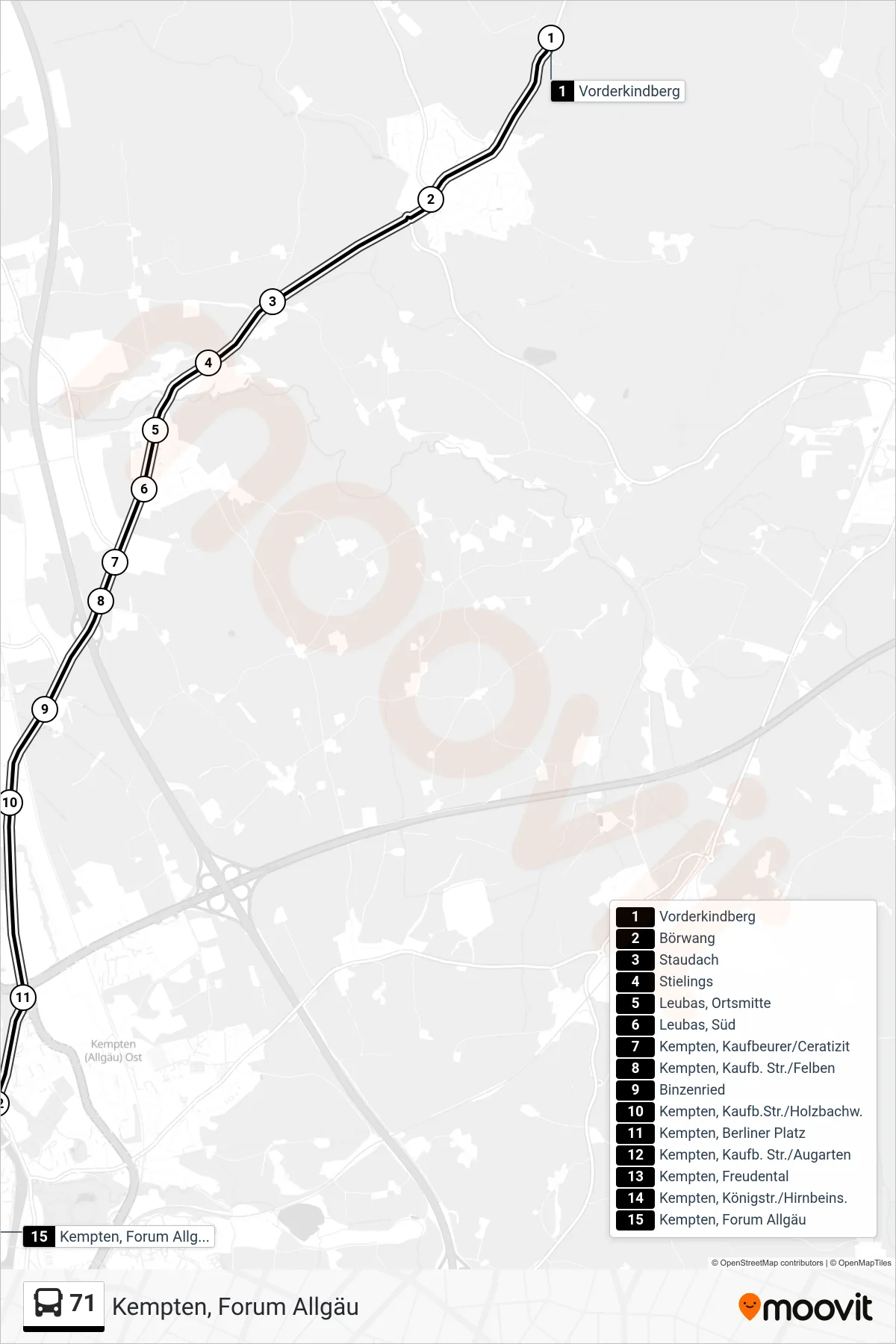 71 bus Line (Kempten, Forum Allgäu) route and stops on a map