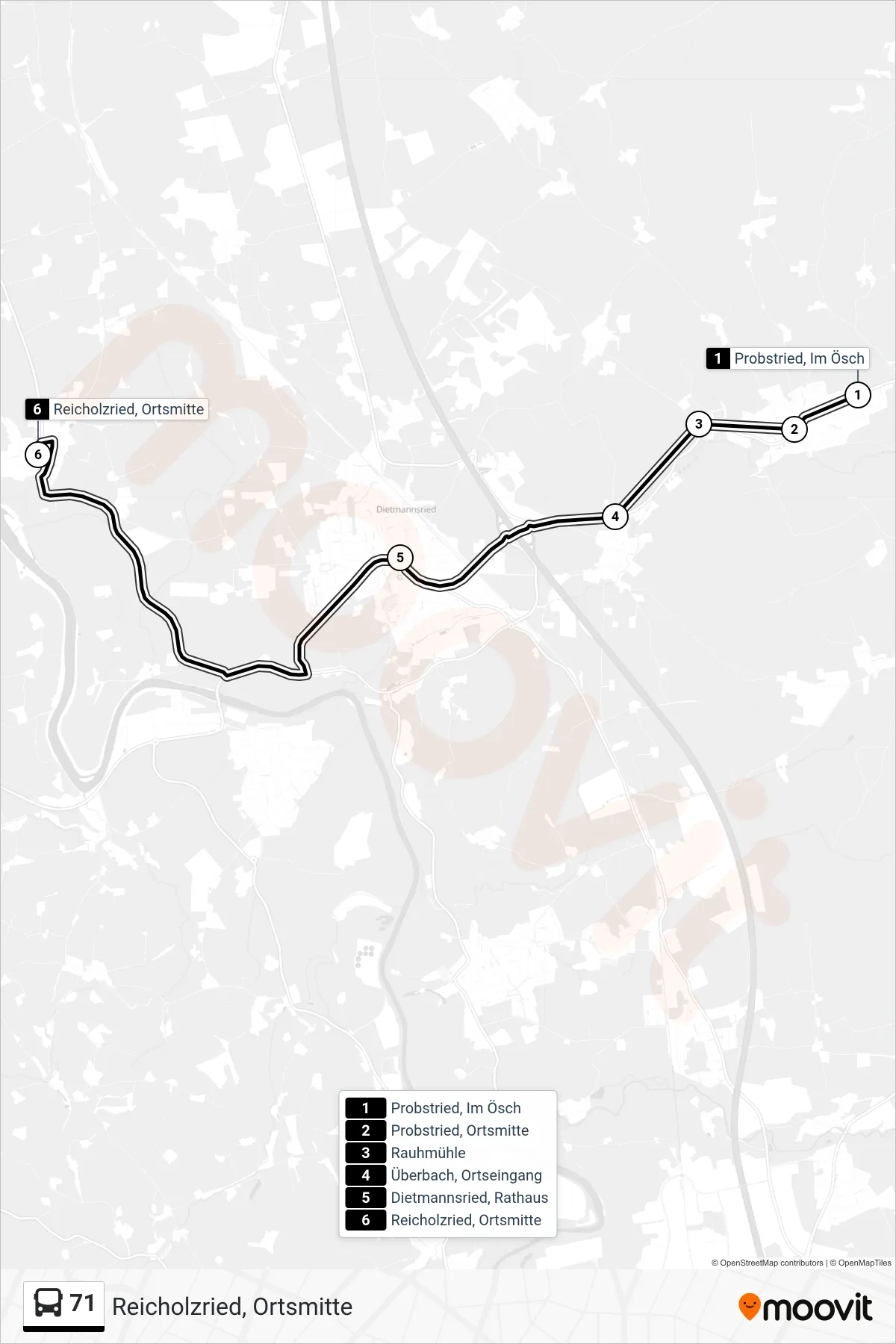 71 bus Line (Reicholzried, Ortsmitte) route and stops on a map