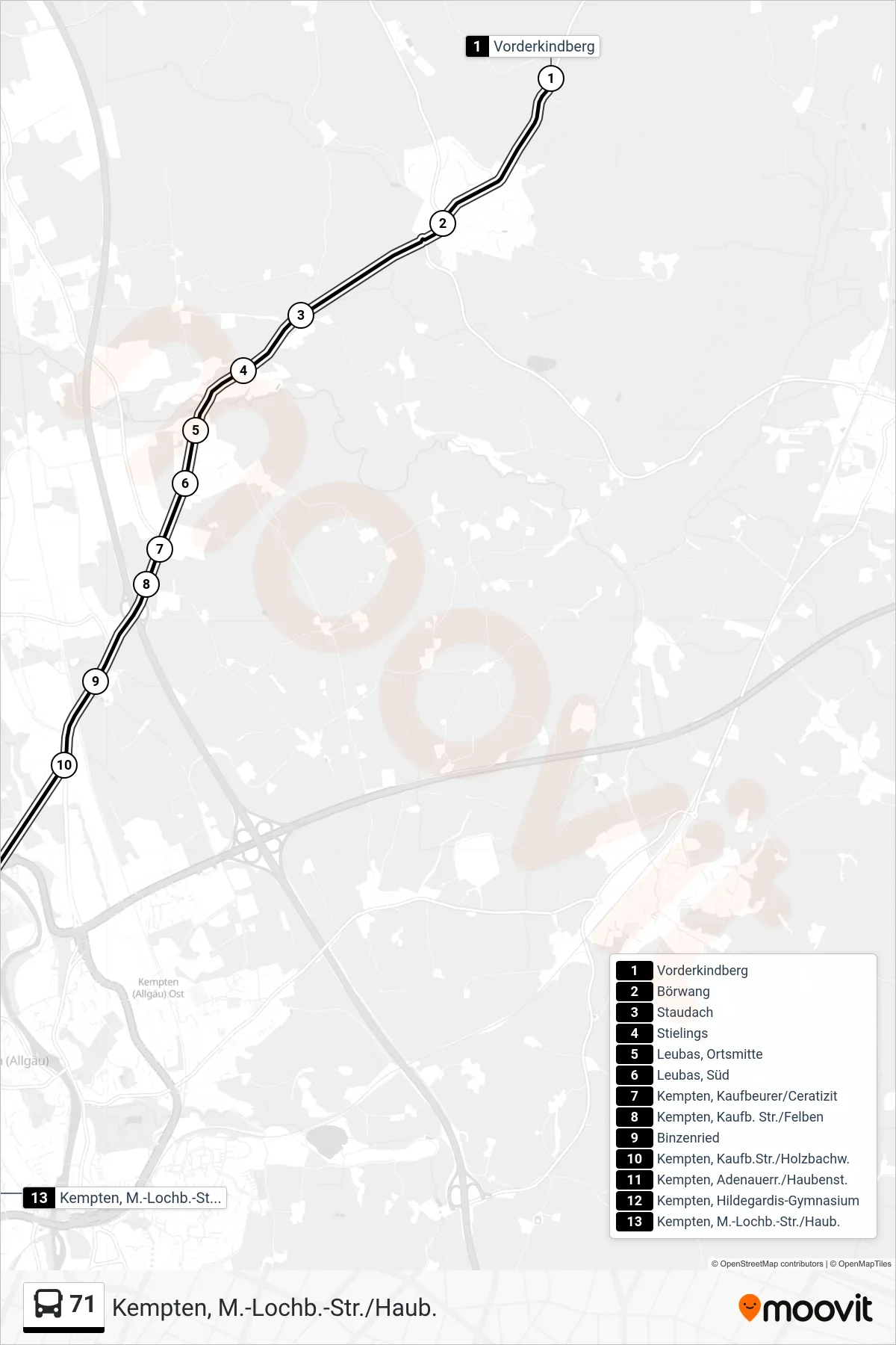 71 bus Line (Kempten, M.-Lochb.-Str./Haub.) route and stops on a map