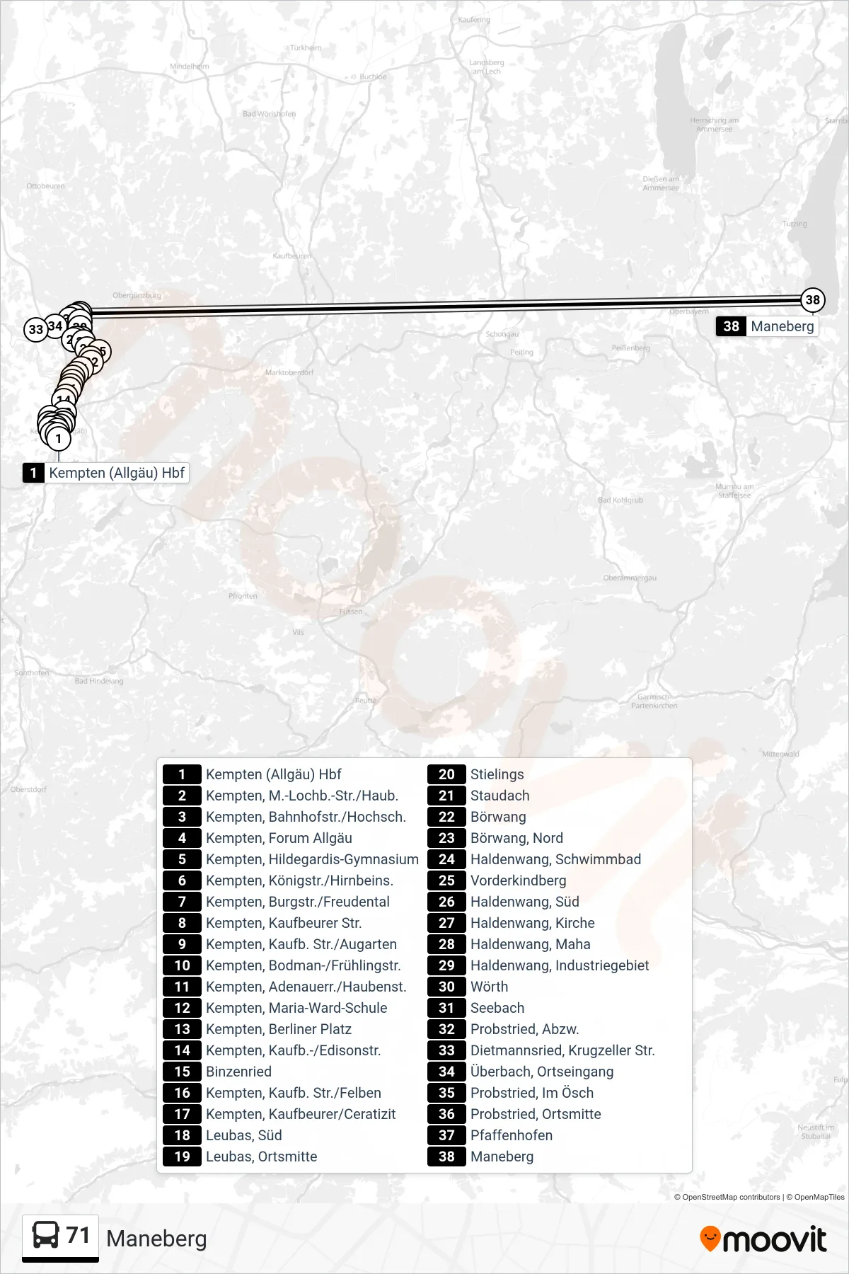 71 bus Line (Maneberg) route and stops on a map