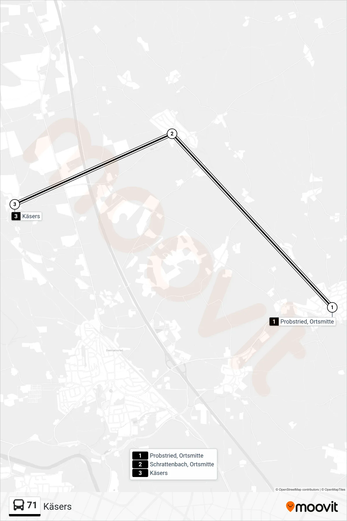 71 bus Line (Käsers) route and stops on a map