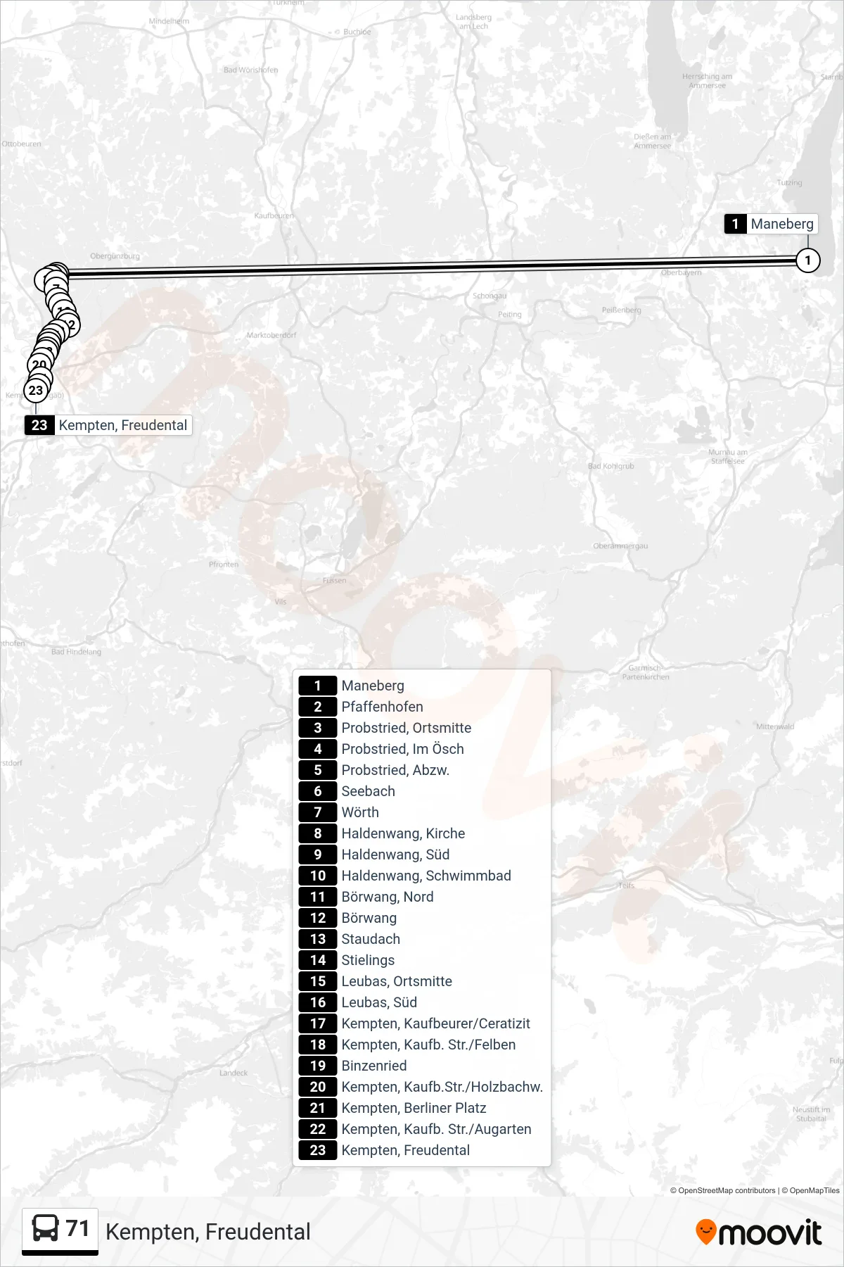 71 bus Line (Kempten, Freudental) route and stops on a map