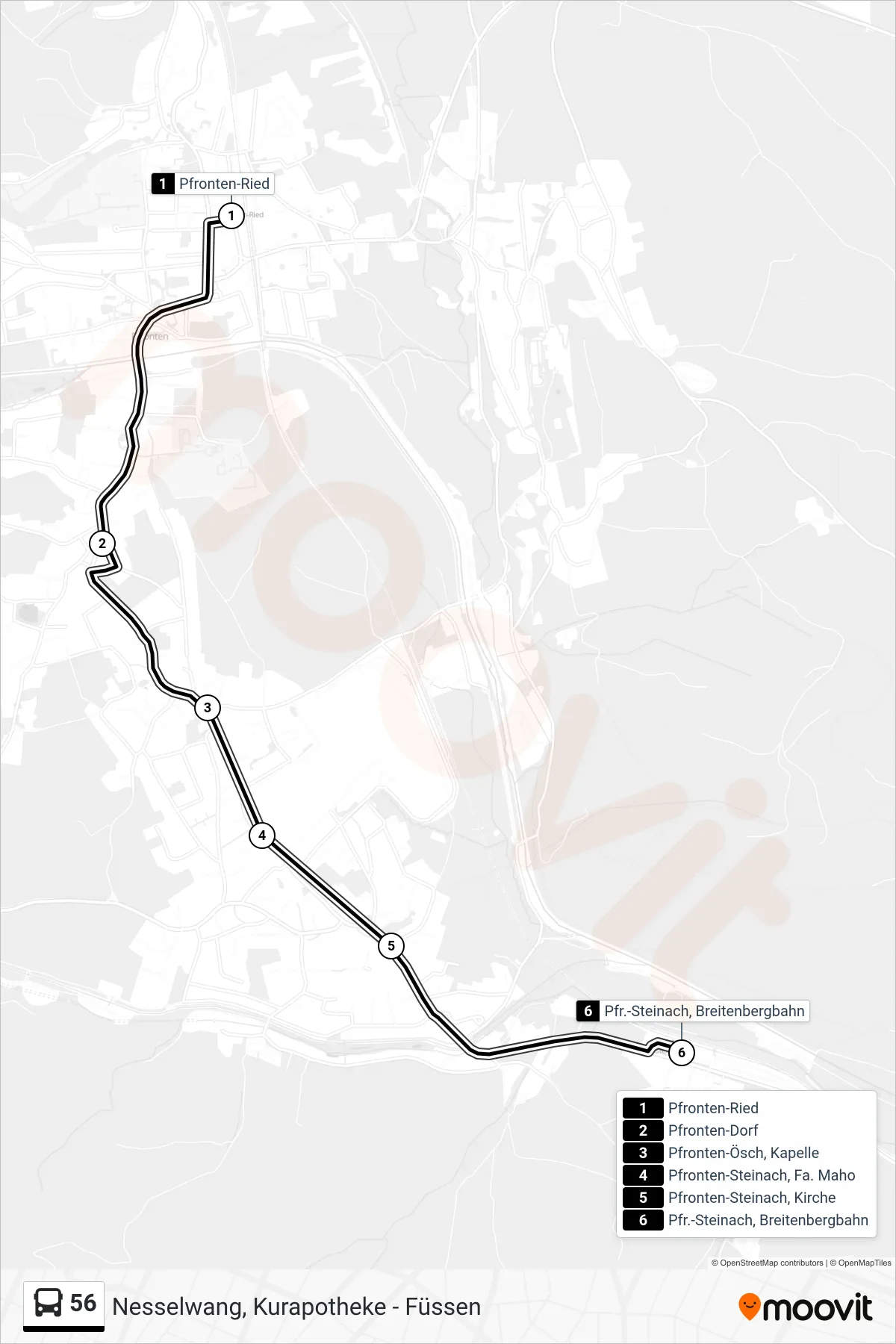 56 bus Line (Obergünzburg Über Haldenwang Probstried) route and stops on a map
