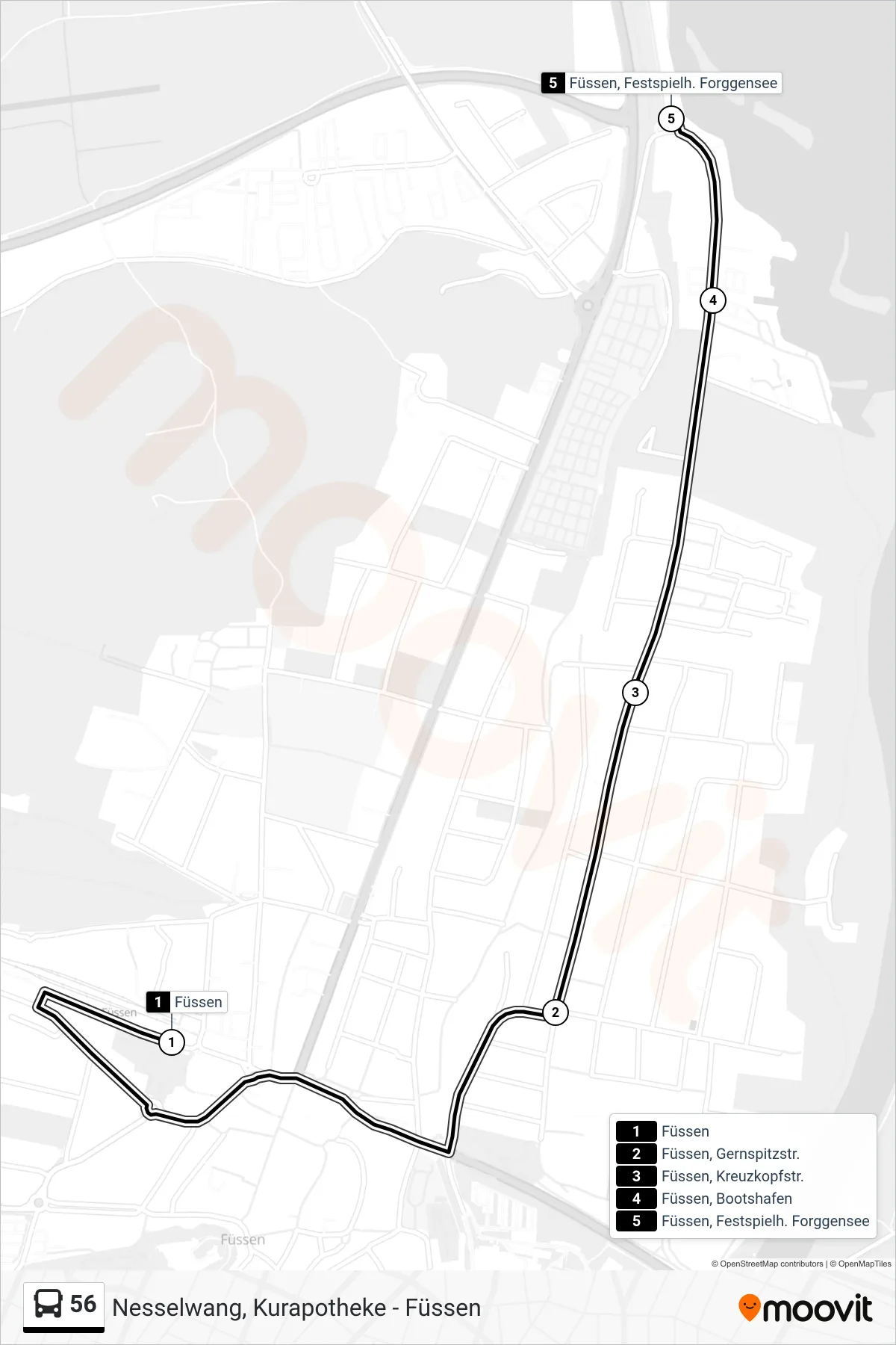 56 bus Line (Füssen, Festspielh. Forggensee) route and stops on a map