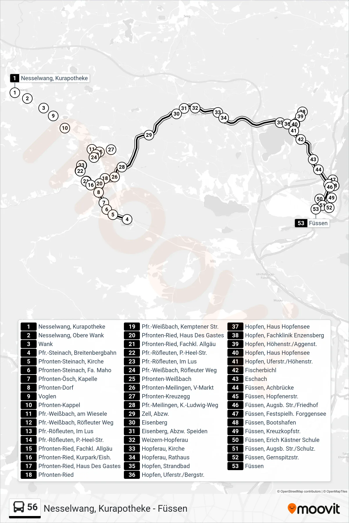 Linie 56 (Bus) Richtung Füssen: Route und Haltestellen auf der Karte