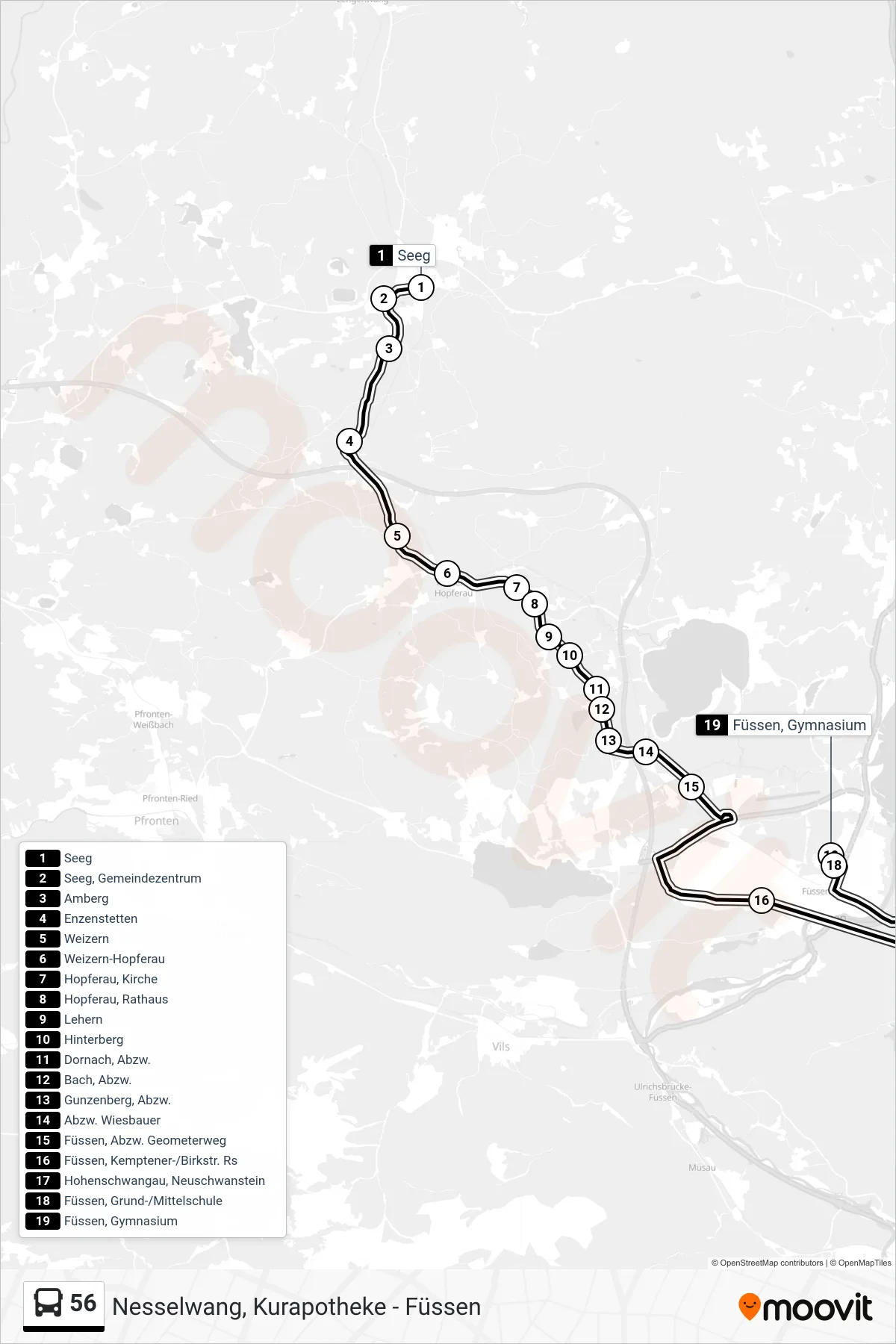 56 bus Line (Füssen, Gymnasium) route and stops on a map