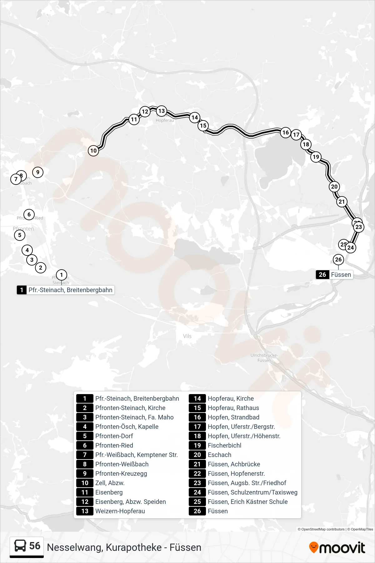 56 bus Line (Füssen Über Hopfen am See) route and stops on a map