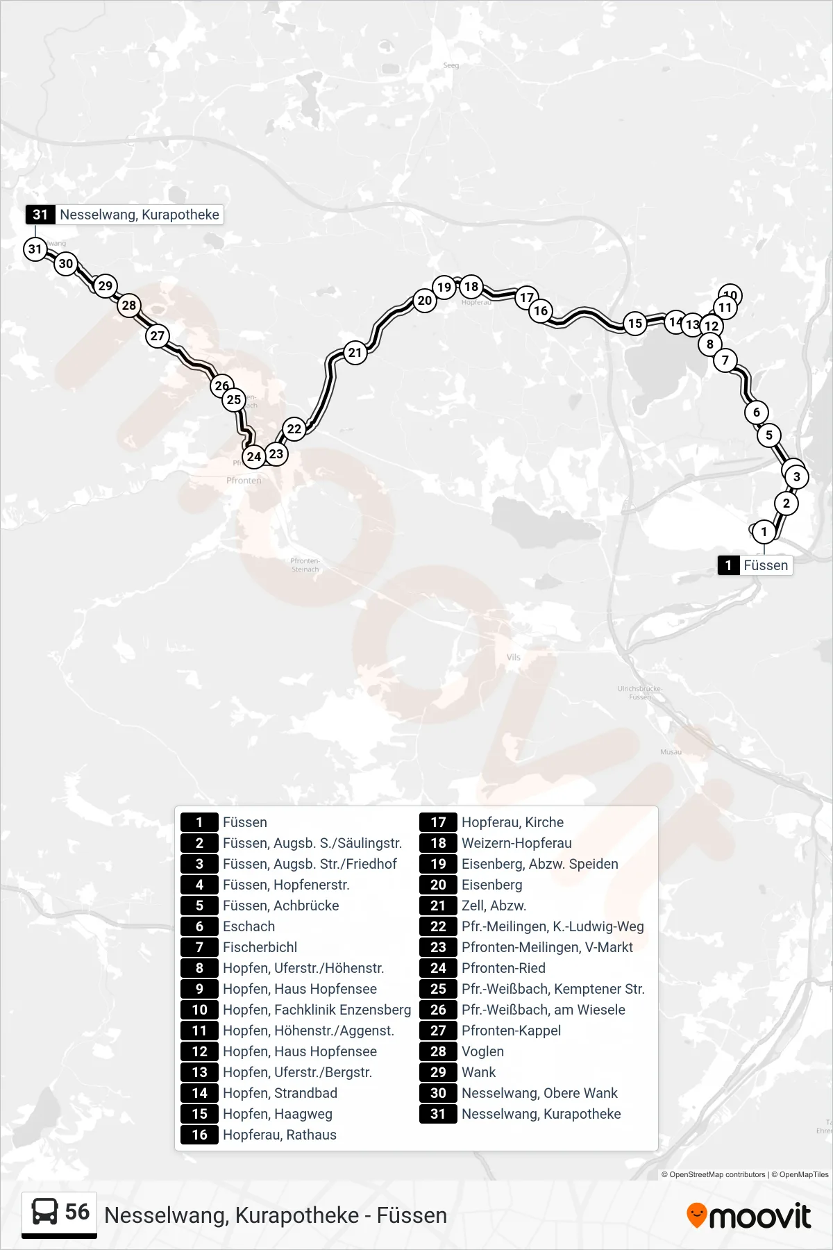 56 bus Line (Kempten Zum Ü. Enzensb./Pfronten) route and stops on a map