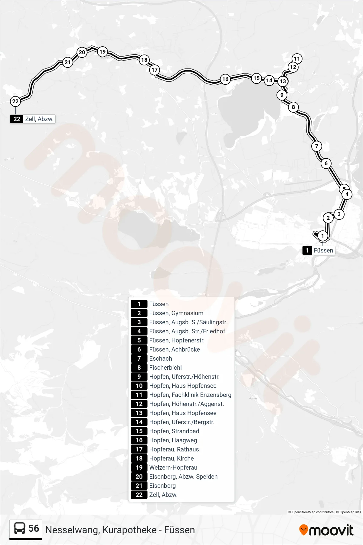 56 bus Line (Eisenberg-Zell Über Enzensberg) route and stops on a map
