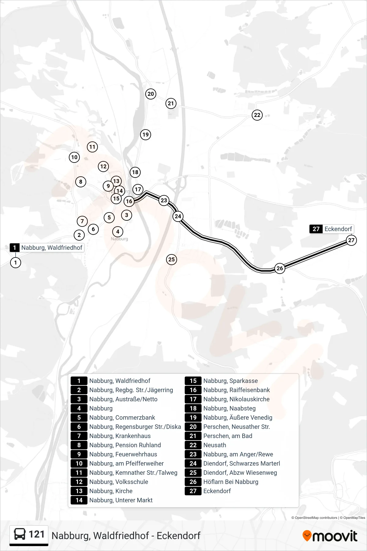 121 bus Line (Eckendorf) route and stops on a map