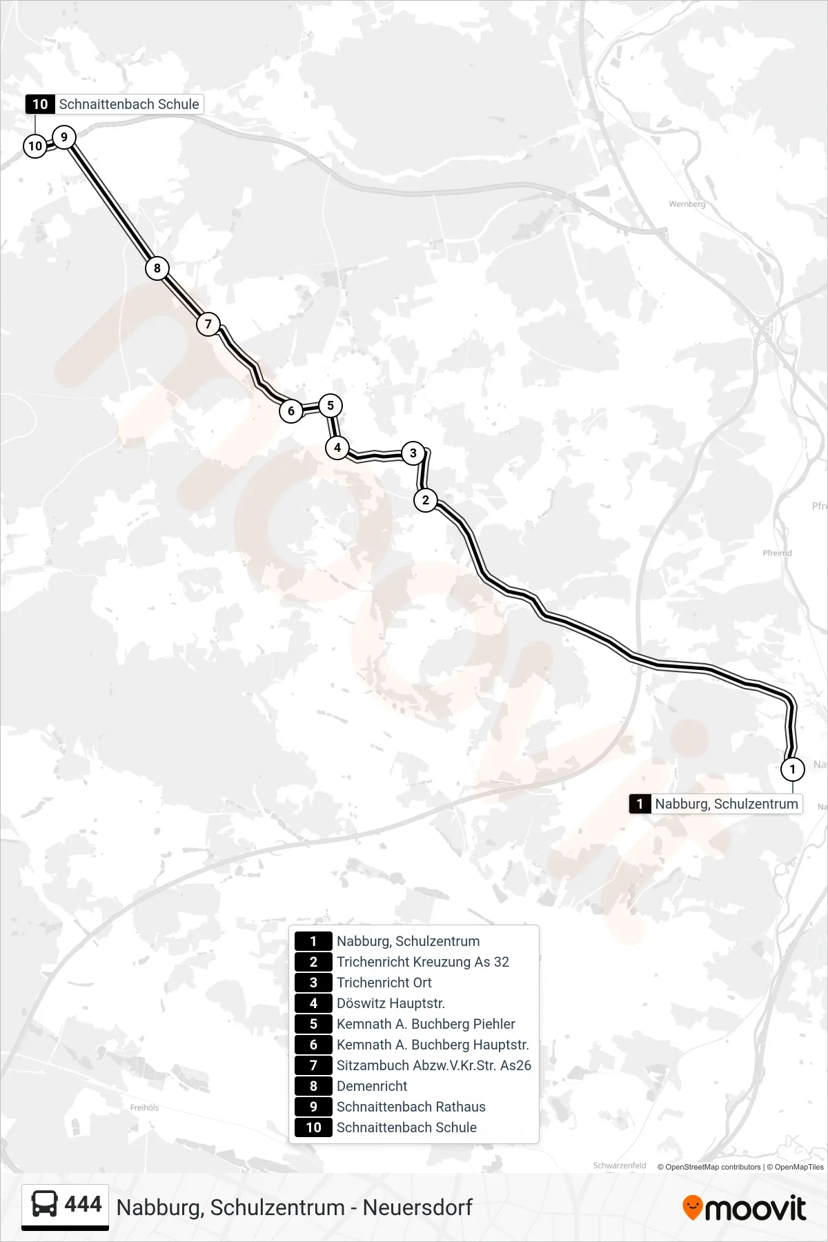 444 bus Line (Schnaittenbach; Schule) route and stops on a map