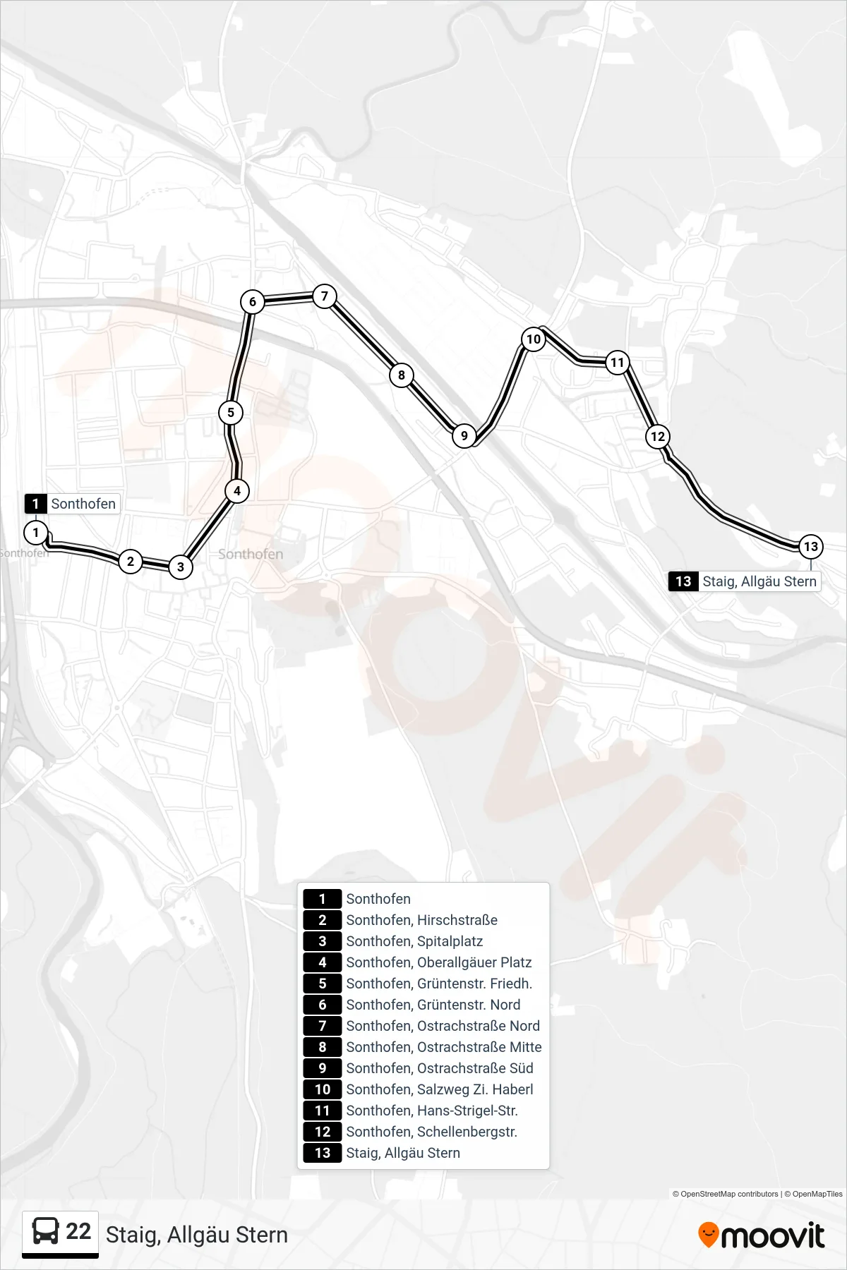22 bus Line (Staig, Allgäu Stern) route and stops on a map