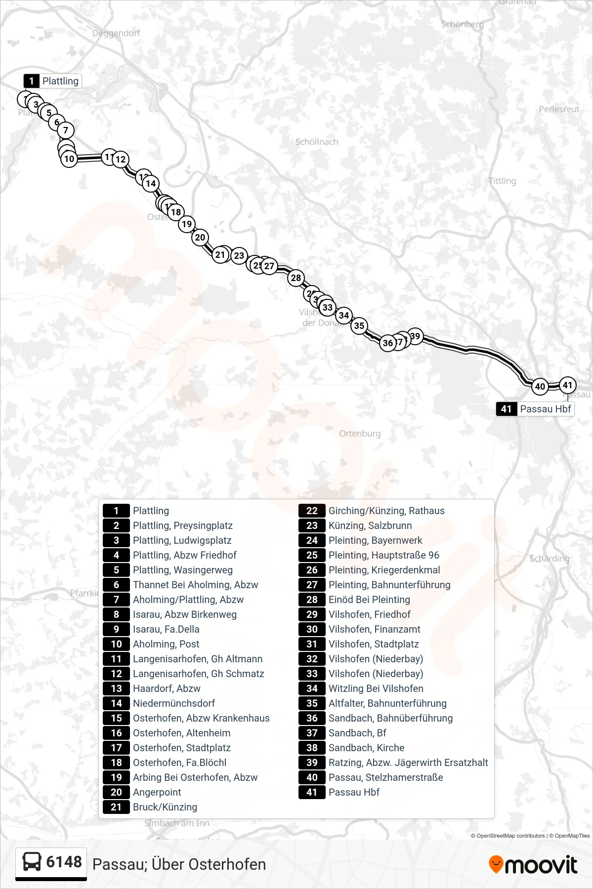6148 bus Line (Passau; Über Osterhofen) route and stops on a map