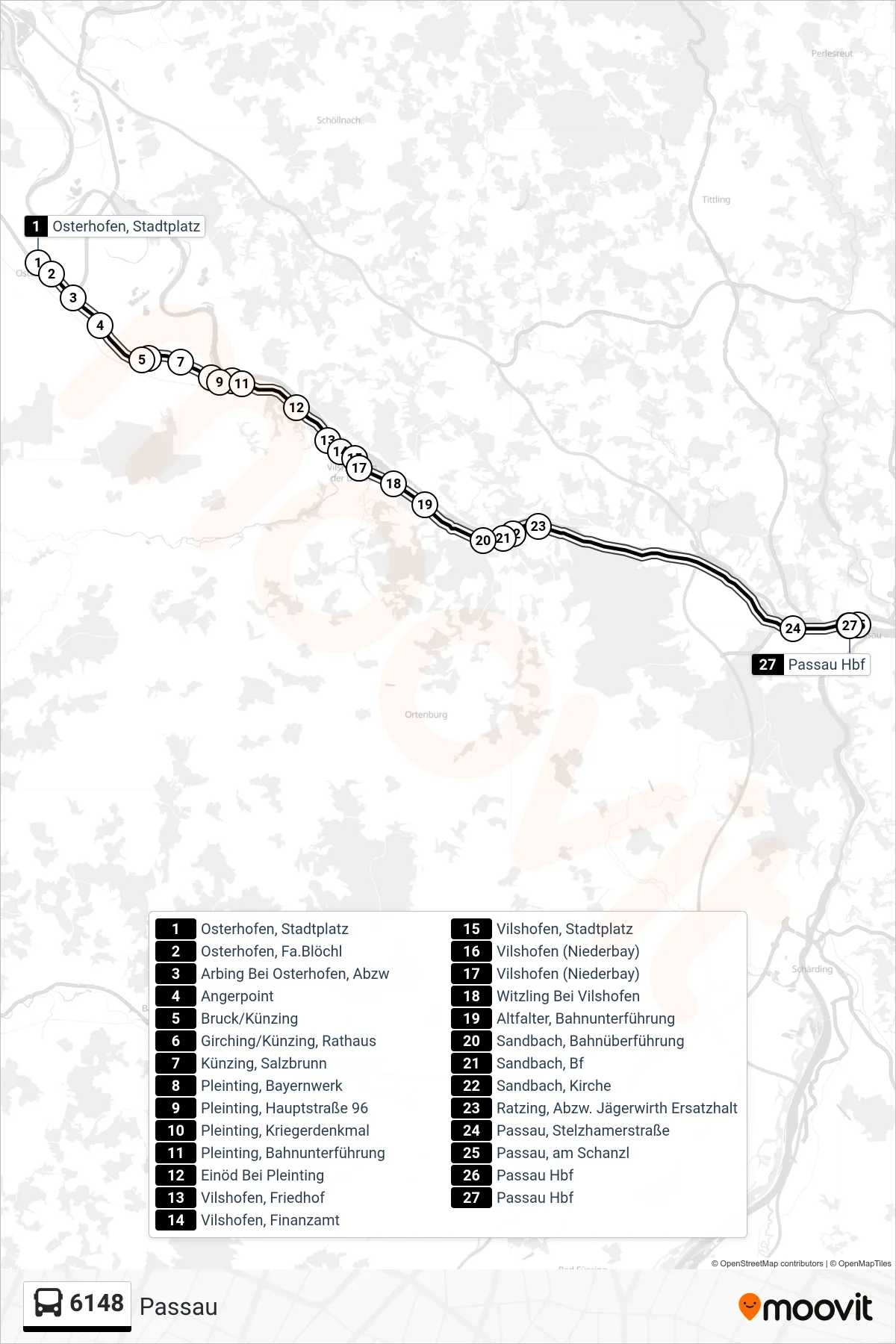 Linie 6148 (Bus) Richtung Passau: Route und Haltestellen auf der Karte