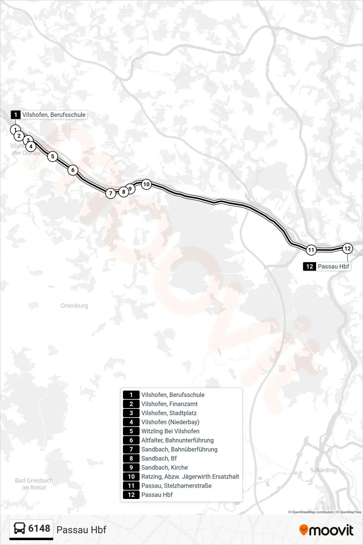 6148 bus Line (Passau Hbf) route and stops on a map