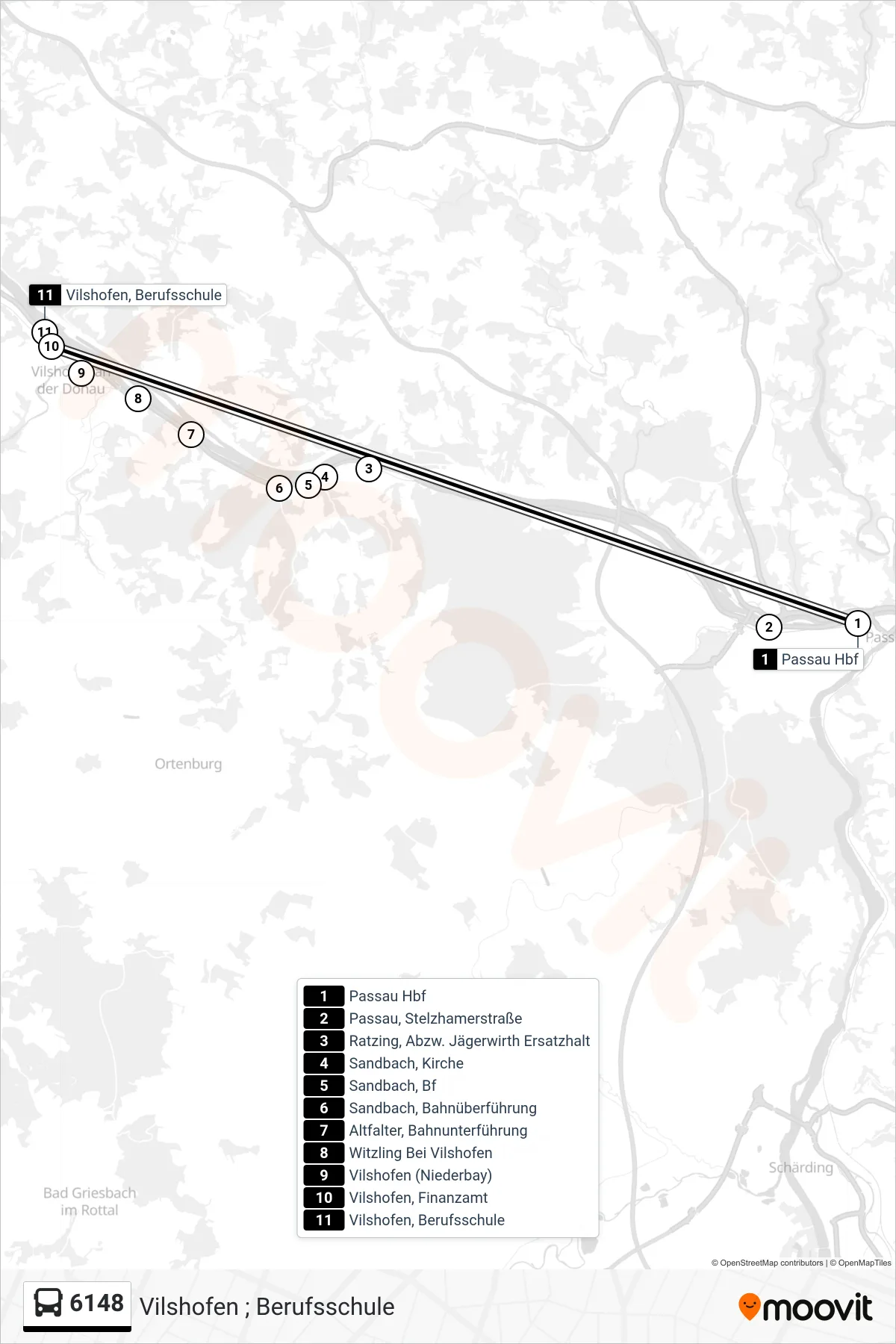 Linie 6148 (Bus) Richtung Vilshofen ; Berufsschule: Route und Haltestellen auf der Karte
