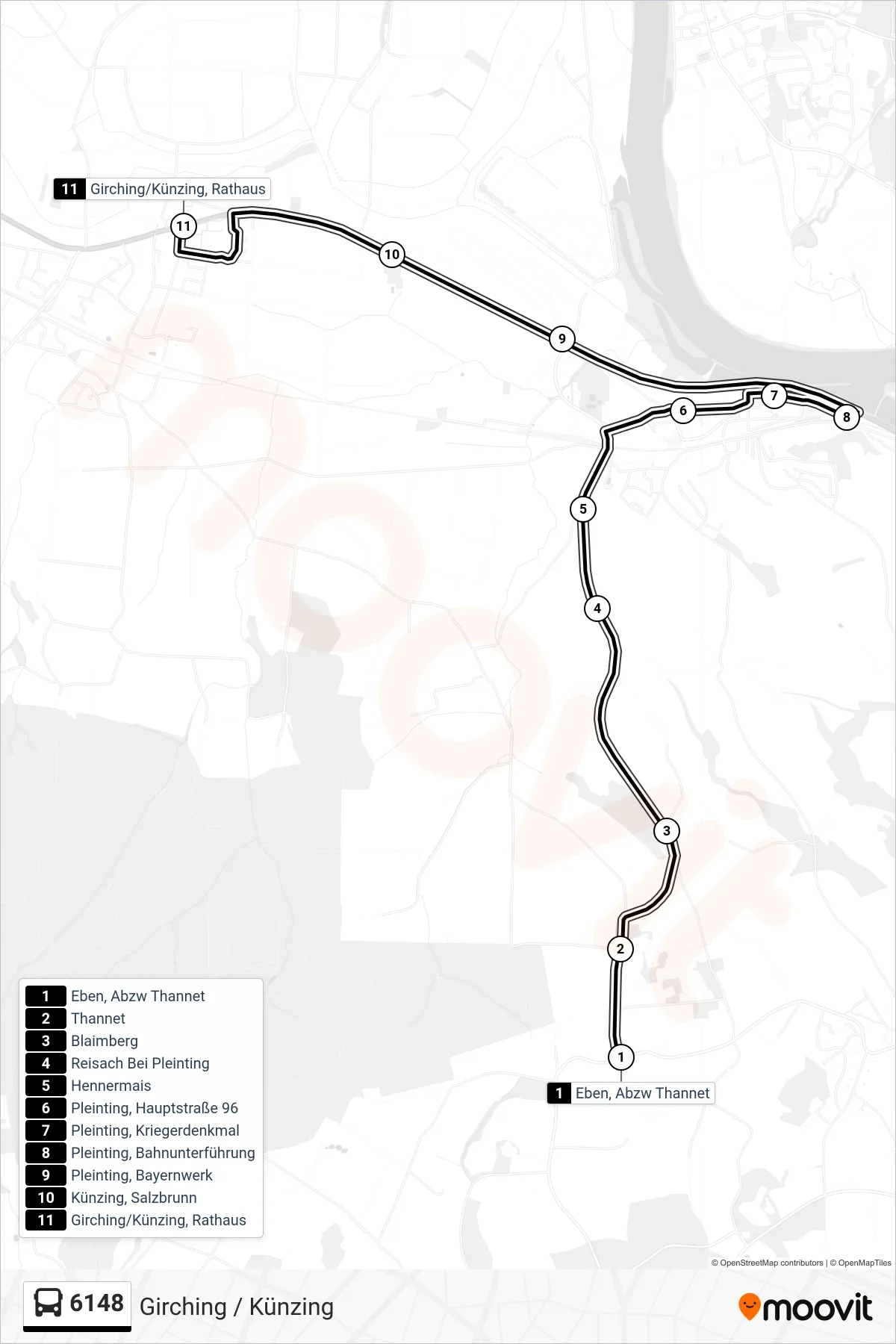 Linie 6148 (Bus) Richtung Girching / Künzing: Route und Haltestellen auf der Karte