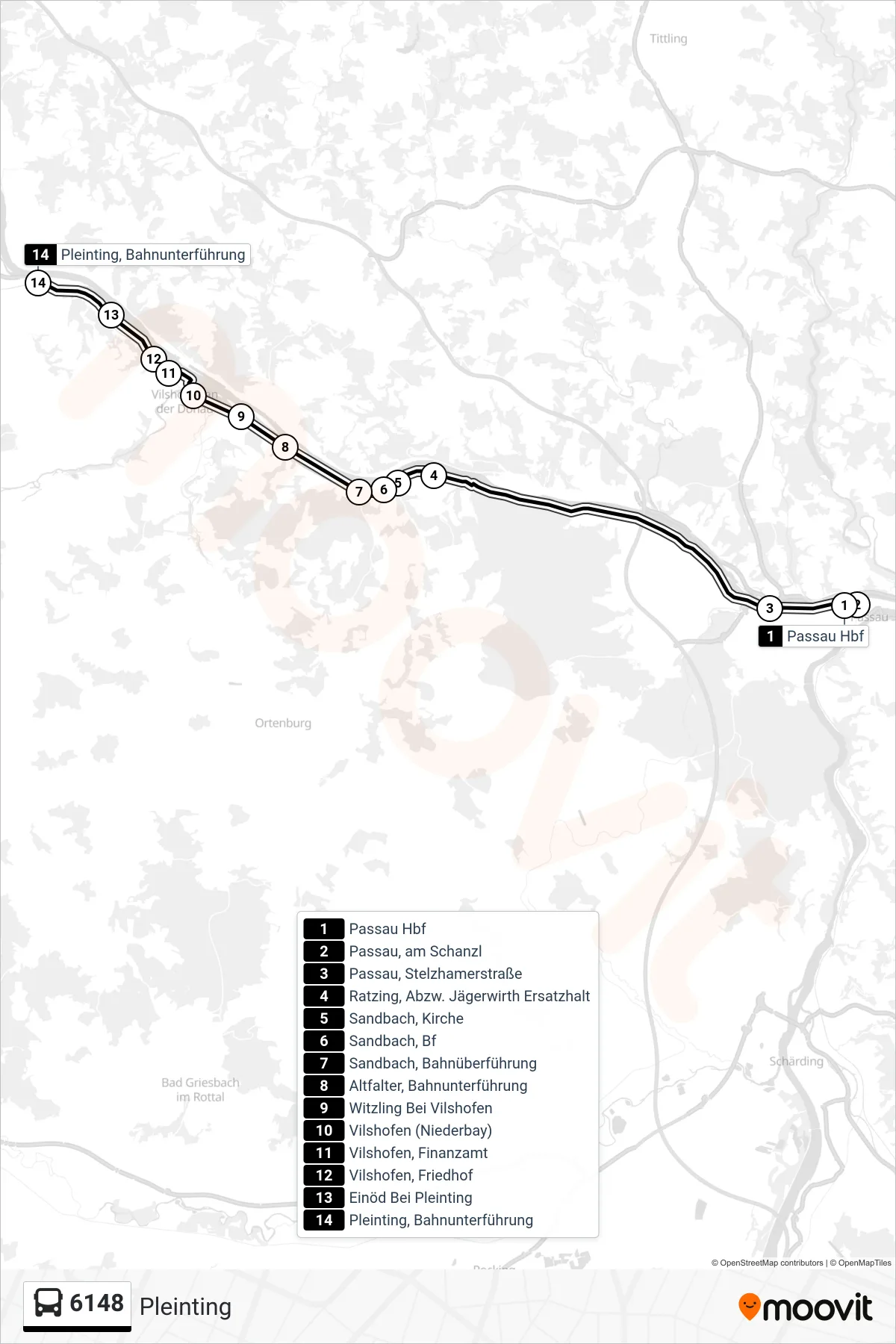 Linie 6148 (Bus) Richtung Pleinting: Route und Haltestellen auf der Karte