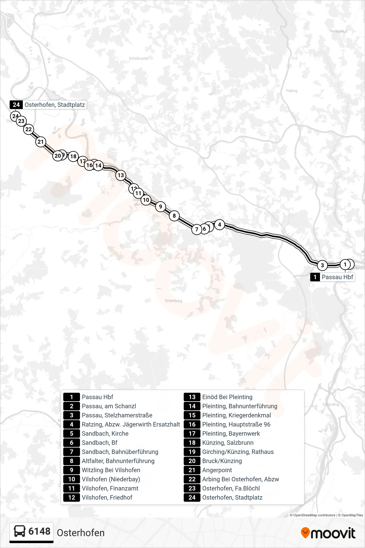6148 bus Line (Osterhofen) route and stops on a map