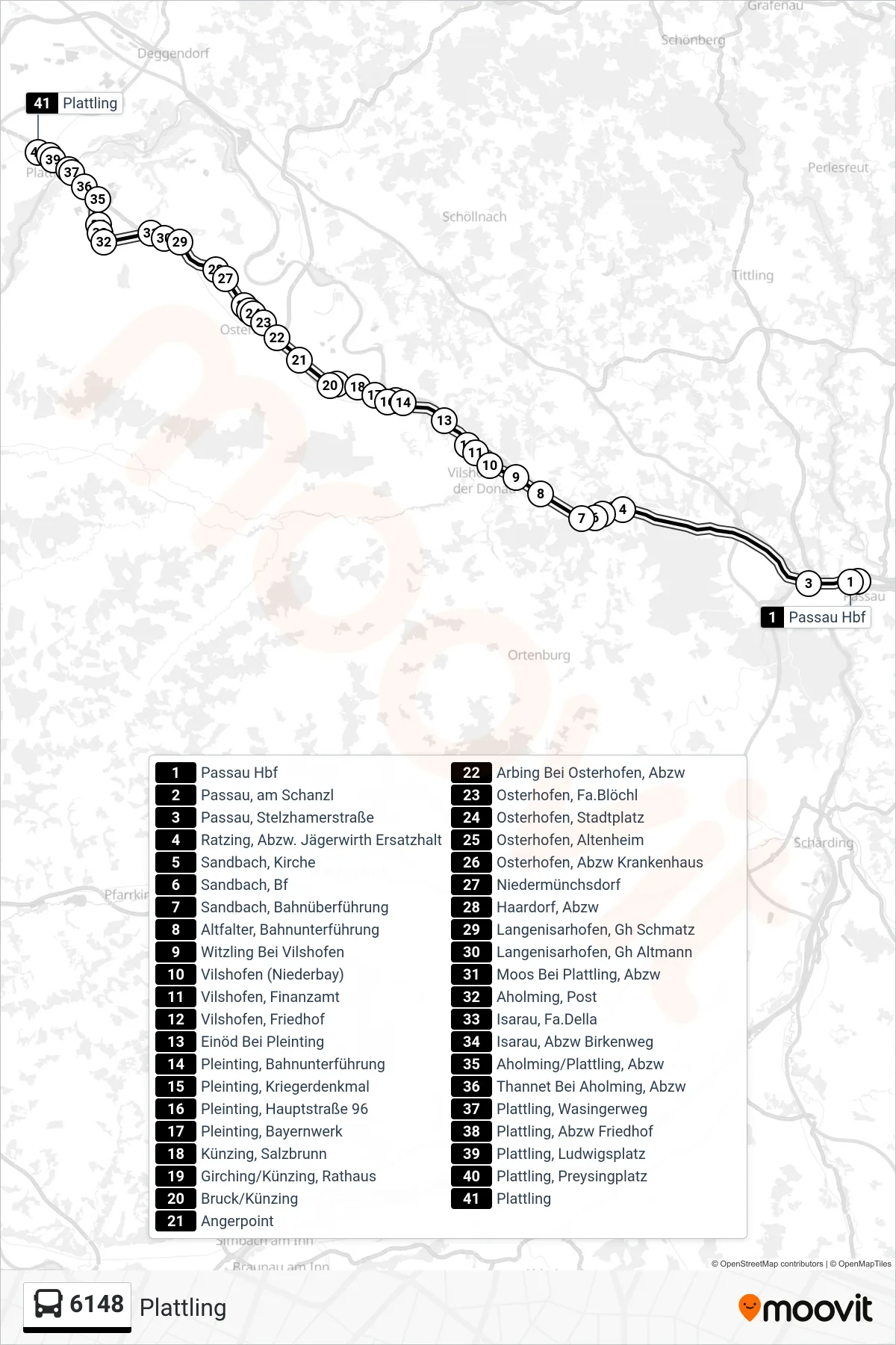 Linie 6148 (Bus) Richtung Plattling: Route und Haltestellen auf der Karte