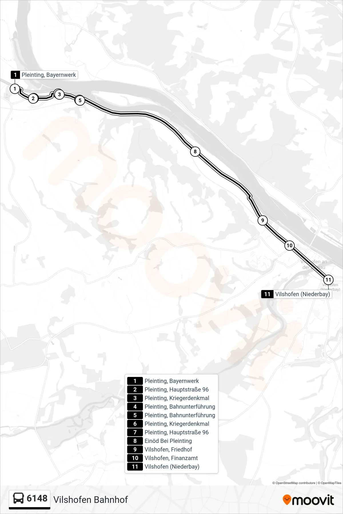 6148 bus Line (Vilshofen Bahnhof) route and stops on a map