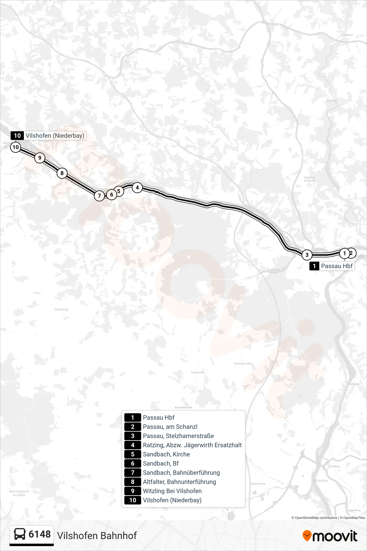 Linie 6148 (Bus) Richtung Vilshofen Bahnhof: Route und Haltestellen auf der Karte