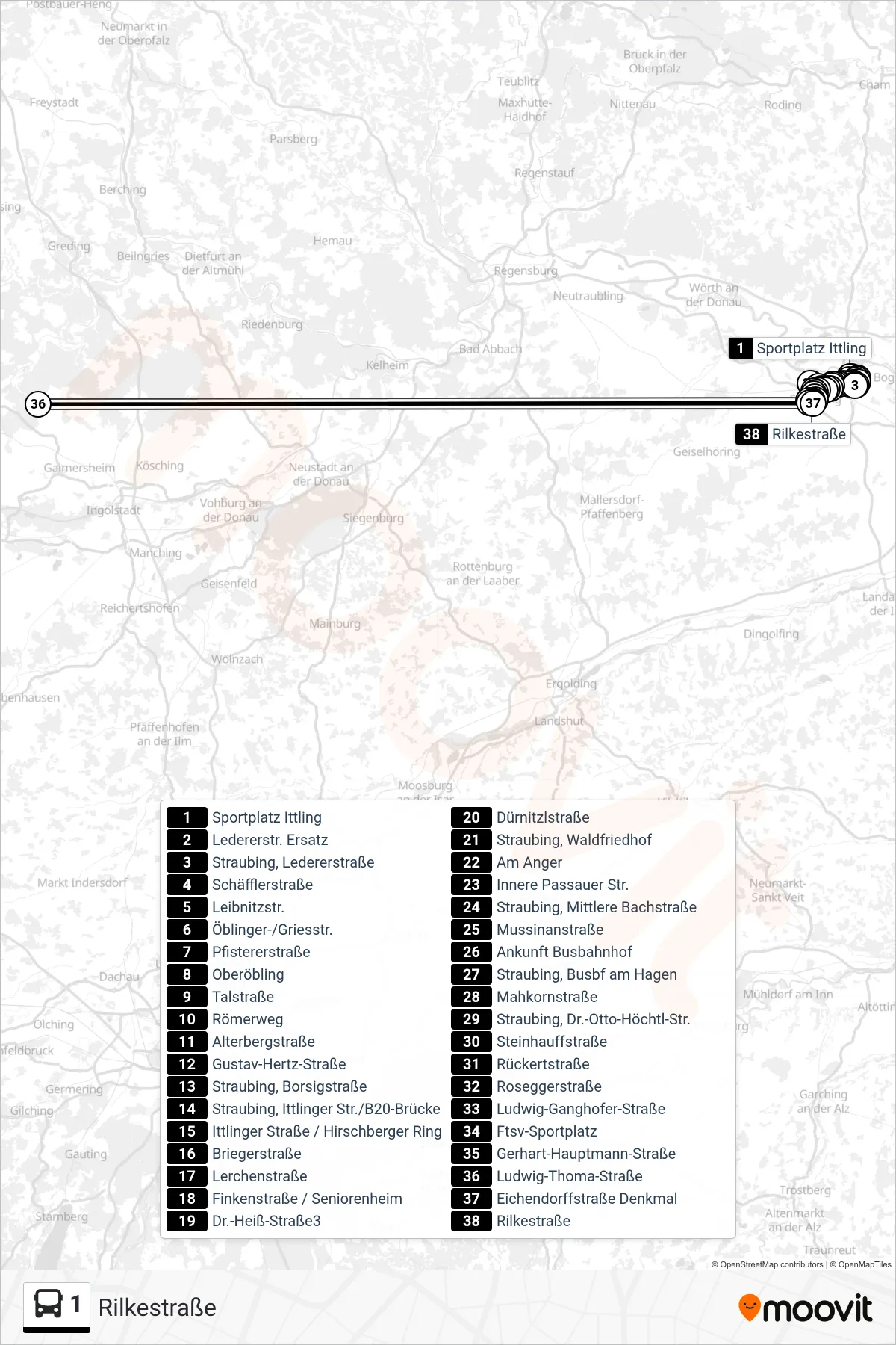 Linie 1 (Bus) Richtung Rilkestraße: Route und Haltestellen auf der Karte