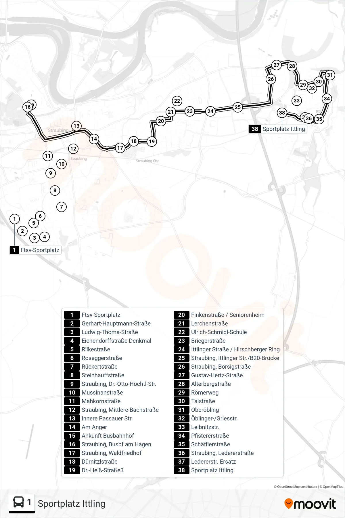 1 bus Line (Sportplatz Ittling) route and stops on a map