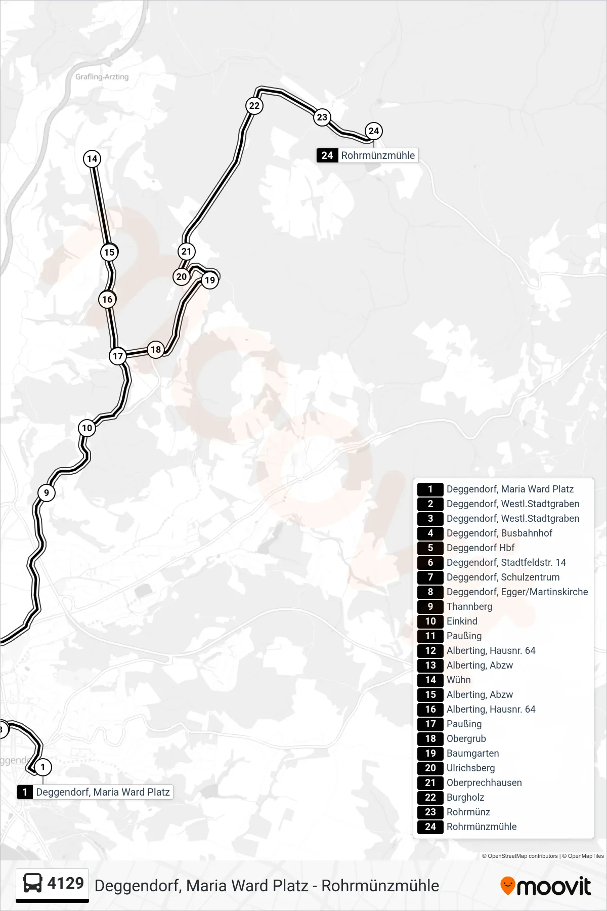 4129 bus Line (Rohrmünzmühle) route and stops on a map