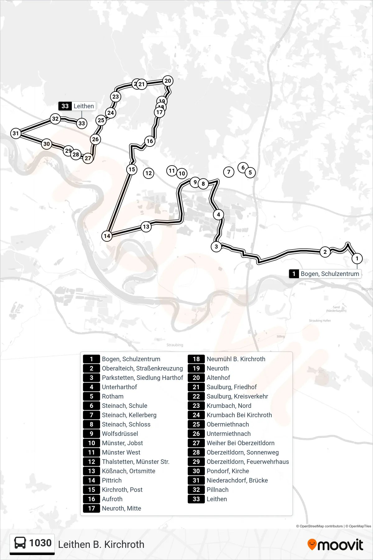1030 bus Line (Leithen B. Kirchroth) route and stops on a map