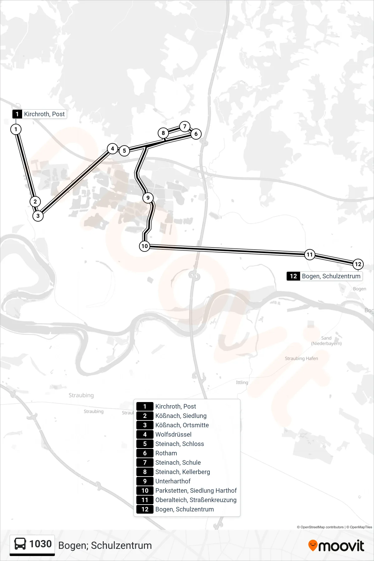 1030 bus Line (Bogen; Schulzentrum) route and stops on a map