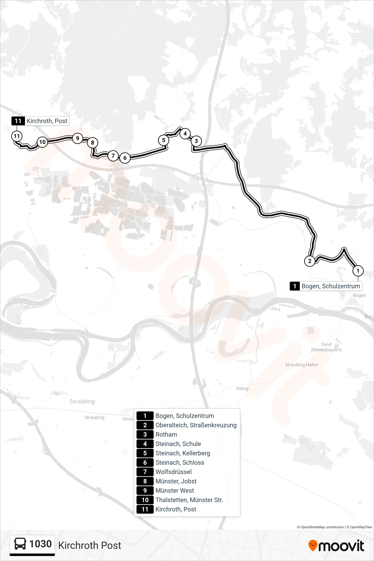 Linie 1030 (Bus) Richtung Kirchroth Post: Route und Haltestellen auf der Karte