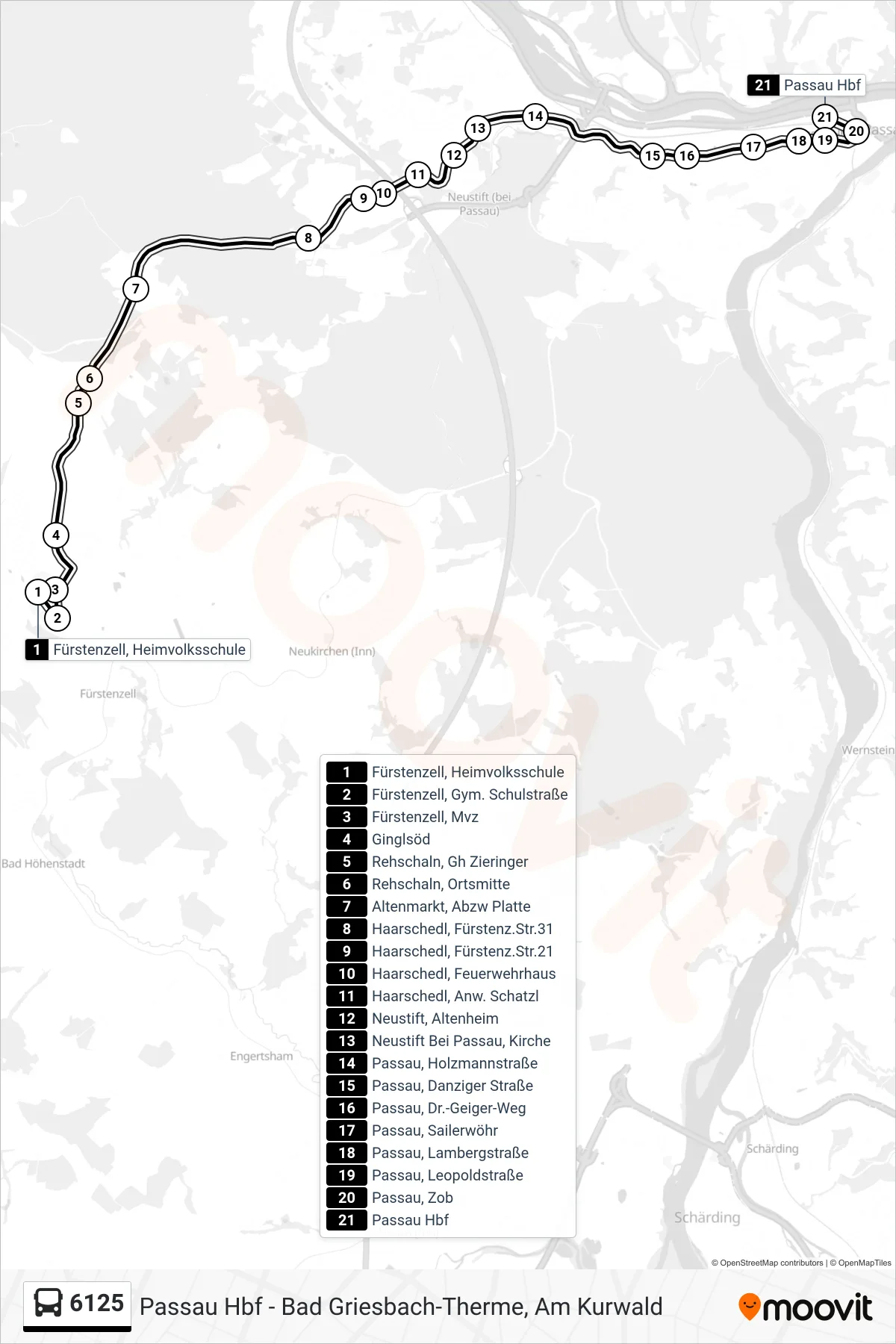 6125 bus Line (Passau; Weiter Nach Tittling) route and stops on a map