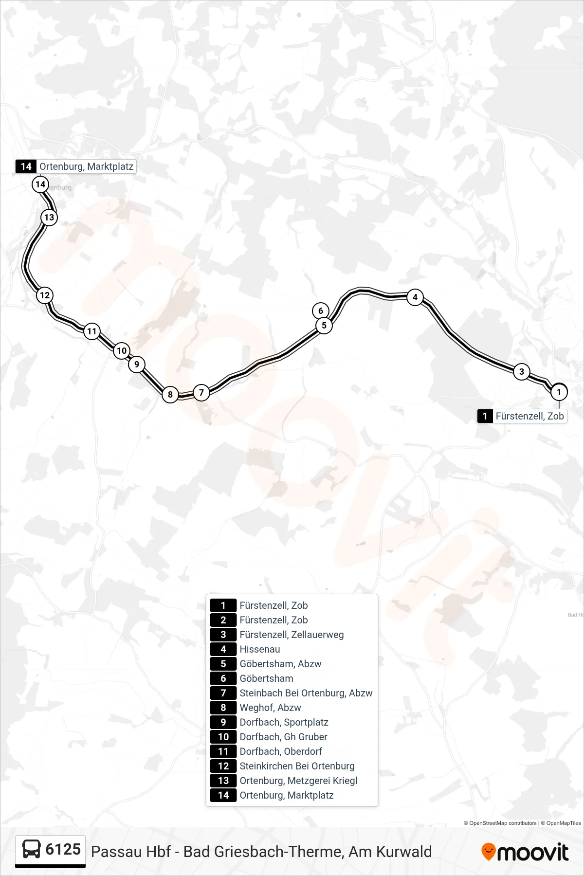 6125 bus Line (Ortenburg) route and stops on a map