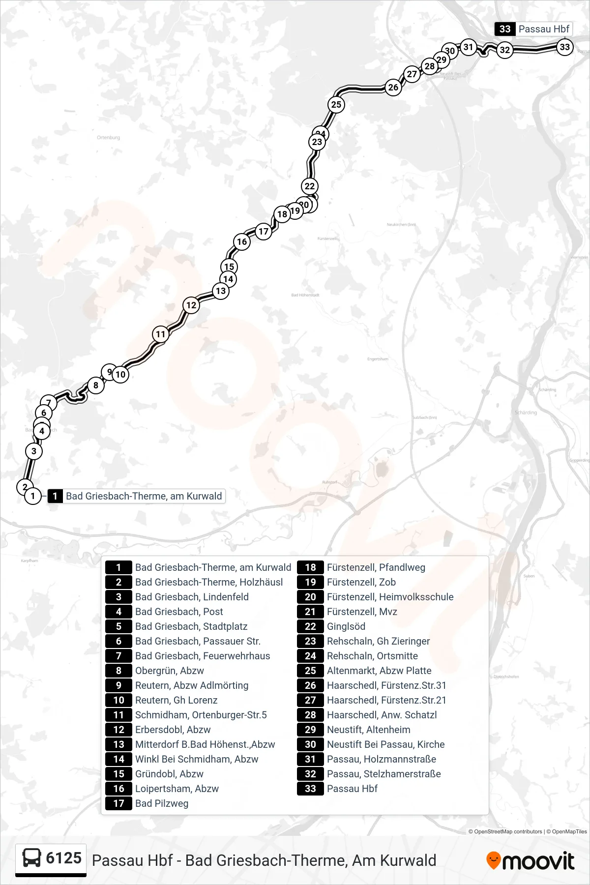 Linie 6125 (Bus) Richtung Passau Hbf: Route und Haltestellen auf der Karte