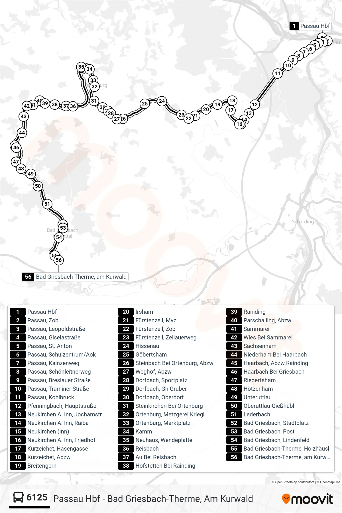 6125 bus Line (Karpfham; Über Bad Griesbach) route and stops on a map