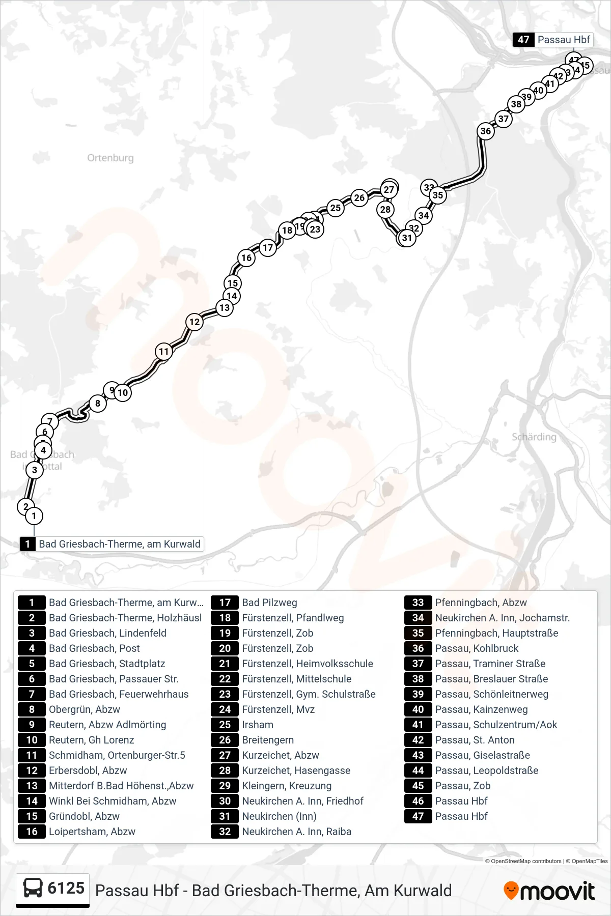 6125 bus Line (Passau; Über Pfenningbach) route and stops on a map