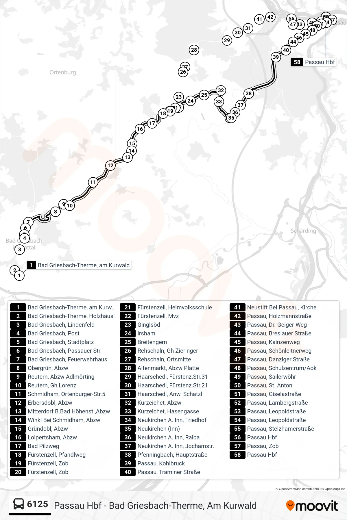 6125 bus Line (Passau; Über Schmidham) route and stops on a map